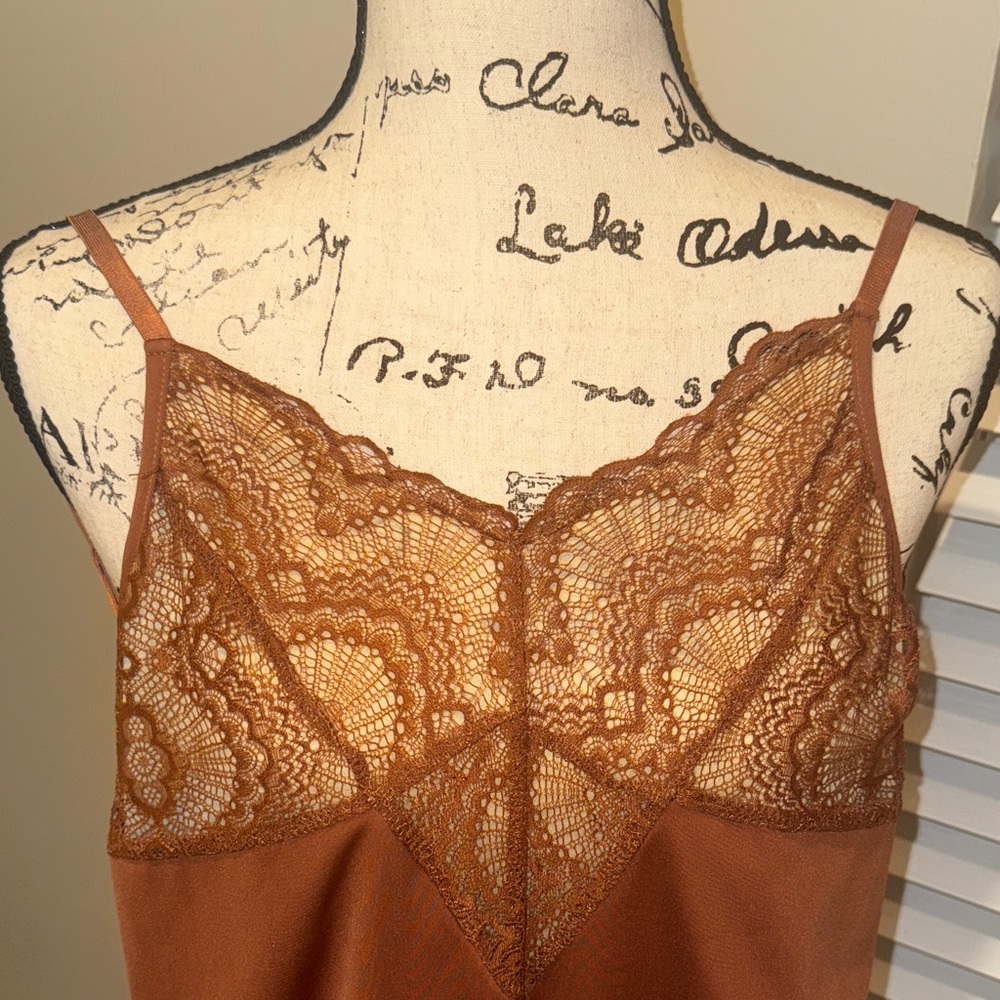 Lace Trim Satin Chemise Bodysuit in Rust - Picture 2 of 10